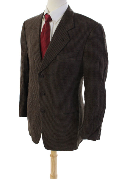 Mani Mens Wool Houndstooth Notch Collar Button Up Suit Jacket Brown Size 40R