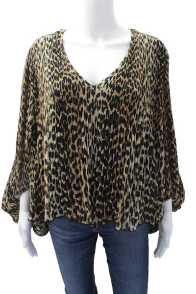 Ganni Womens Animal Print V Neck Accordion Pleat Blouse Beige Black Size EUR 38