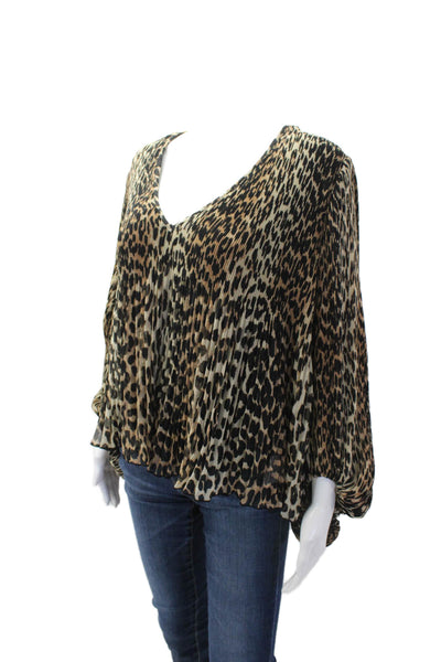 Ganni Womens Animal Print V Neck Accordion Pleat Blouse Beige Black Size EUR 38