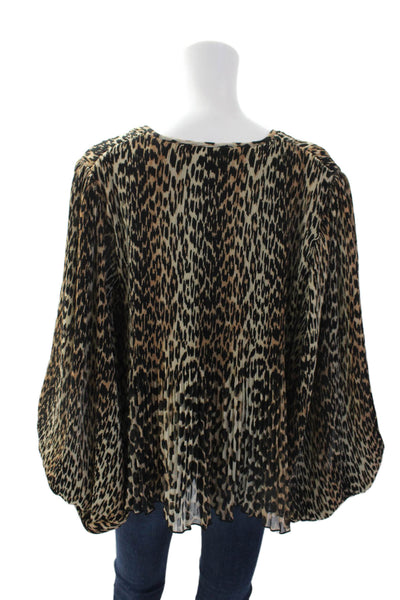 Ganni Womens Animal Print V Neck Accordion Pleat Blouse Beige Black Size EUR 38
