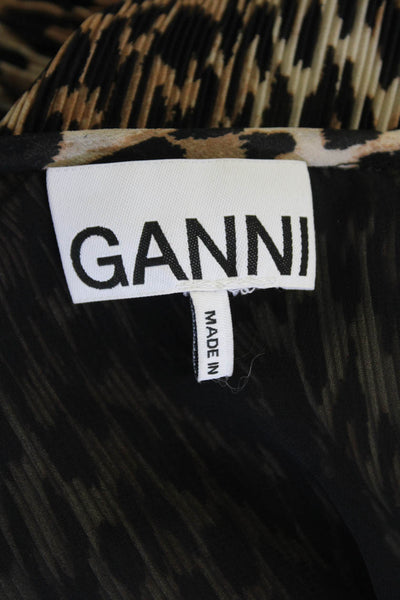 Ganni Womens Animal Print V Neck Accordion Pleat Blouse Beige Black Size EUR 38
