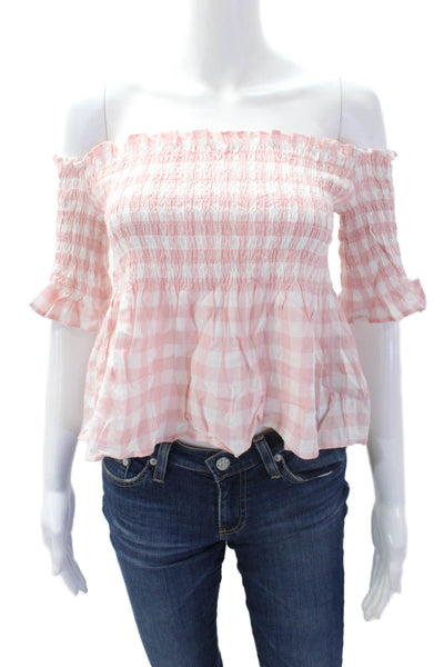 BB Dakota Womens Gingham Print Off the Shoulder Half Sleeve Blouse Pink Size XS
