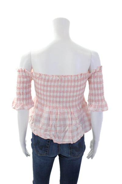 BB Dakota Womens Gingham Print Off the Shoulder Half Sleeve Blouse Pink Size XS