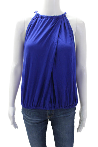 Trina Turk Womens Soft Stretch Tied High Neckline Sleeveless Blouse Blue Size S