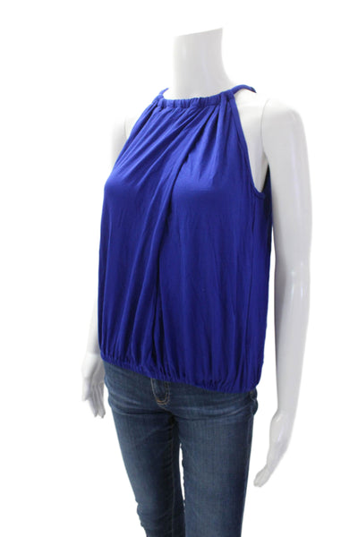 Trina Turk Womens Soft Stretch Tied High Neckline Sleeveless Blouse Blue Size S