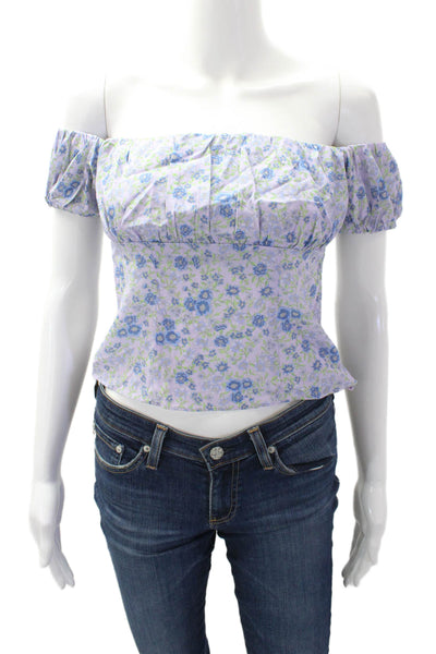 Intermix Womens Silk Floral Printed Puff Sleeve Cropped Blouse Purple Size 0