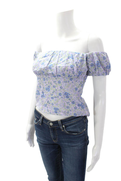 Intermix Womens Silk Floral Printed Puff Sleeve Cropped Blouse Purple Size 0