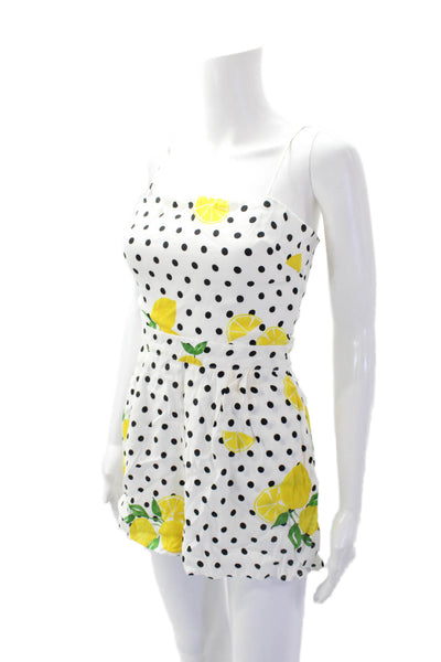 Lovers + Friends Womens Polka Dot Lemon Print Zipped Romper White Size 2XS