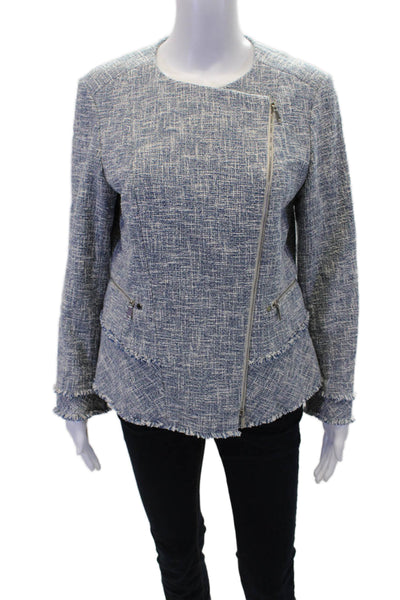Lafayette 148 New York Womens Front Zip Crew Neck Tweed Jacket Blue White Size 6