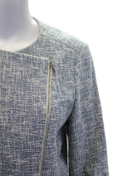 Lafayette 148 New York Womens Front Zip Crew Neck Tweed Jacket Blue White Size 6