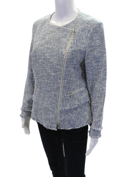 Lafayette 148 New York Womens Front Zip Crew Neck Tweed Jacket Blue White Size 6