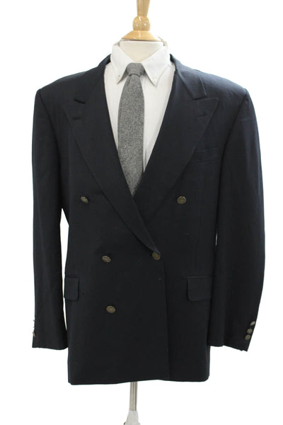 Hickey Freeman Mens Wool Double Breasted Six Button Suit Jacket Blue Size 43