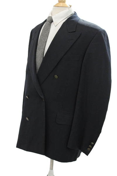 Hickey Freeman Mens Wool Double Breasted Six Button Suit Jacket Blue Size 43