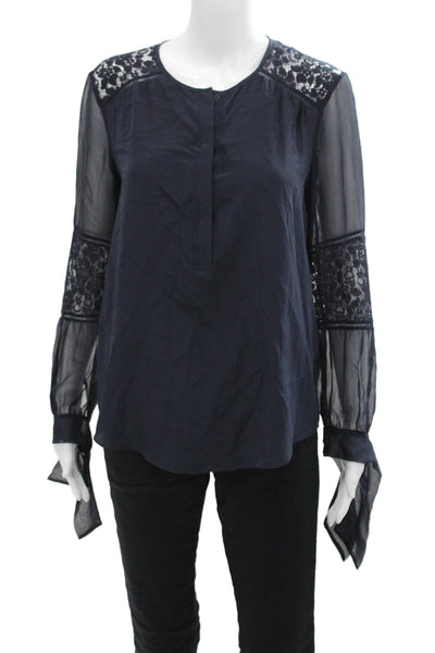 Rebecca Taylor Womens Button Front Boat Neck Lace Trim Silk Top Navy Size 2