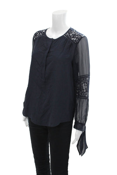 Rebecca Taylor Womens Button Front Boat Neck Lace Trim Silk Top Navy Size 2