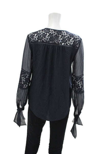 Rebecca Taylor Womens Button Front Boat Neck Lace Trim Silk Top Navy Size 2