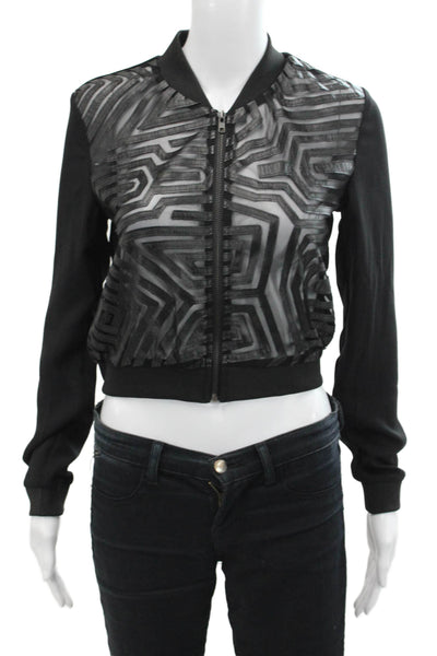 Lucy Paris Womens Long Sleeve Front Zip Mesh Trim Jacket Black Size Extra Small