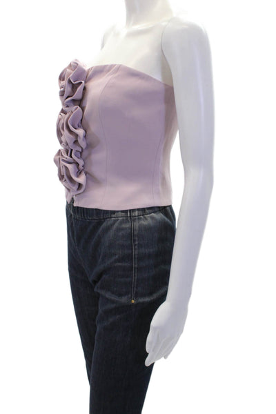 Endless Rose Womens Floral Front Zip Back Smocked Strapless Crop Top Purple Sz S