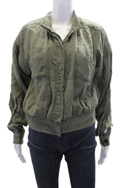 Frame Womens Linen Long Sleeve Collared Button-Down Shirt Green Size S