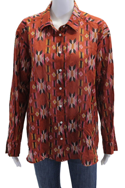 Hartford Womens Button Front Collared Ikat Printed Shirt Burnt Orange Size 4