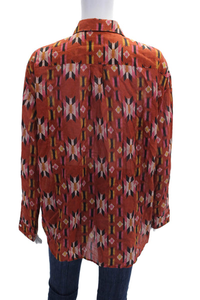 Hartford Womens Button Front Collared Ikat Printed Shirt Burnt Orange Size 4