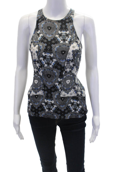 ALC Womens Sleeveless Scoop Neck Abstract Silk Top White Black Blue Size XS