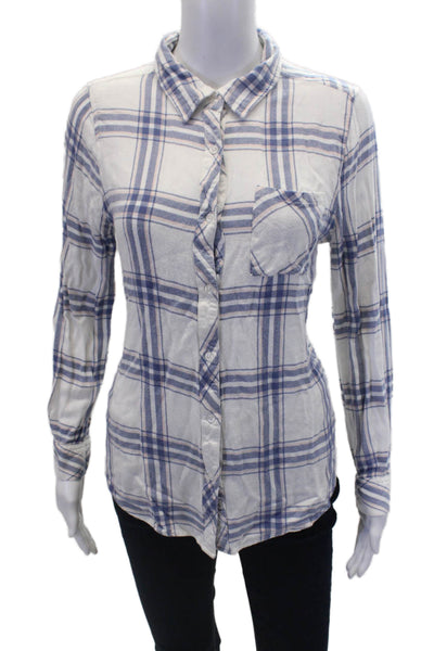 Rails Womens Button Front Long Sleeve Collared Plaid Shirt White Blue Medium