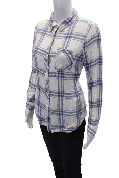 Rails Womens Button Front Long Sleeve Collared Plaid Shirt White Blue Medium