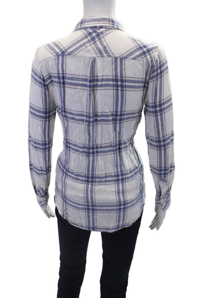 Rails Womens Button Front Long Sleeve Collared Plaid Shirt White Blue Medium