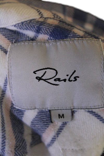 Rails Womens Button Front Long Sleeve Collared Plaid Shirt White Blue Medium