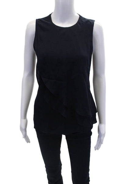 Theory Womens Sleeveless Crew Neck Ruffled Silk Top Navy Silk Size Petite