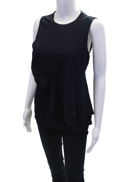 Theory Womens Sleeveless Crew Neck Ruffled Silk Top Navy Silk Size Petite