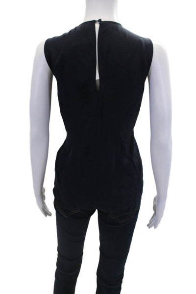 Theory Womens Sleeveless Crew Neck Ruffled Silk Top Navy Silk Size Petite