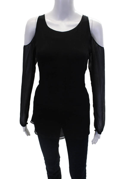 Alice Yim Womens Long Sleeve Scoop Neck Cold Shoulder Silk Top Black Size 4