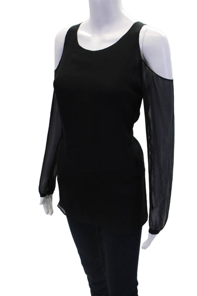 Alice Yim Womens Long Sleeve Scoop Neck Cold Shoulder Silk Top Black Size 4