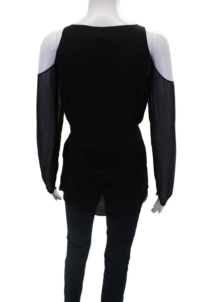 Alice Yim Womens Long Sleeve Scoop Neck Cold Shoulder Silk Top Black Size 4