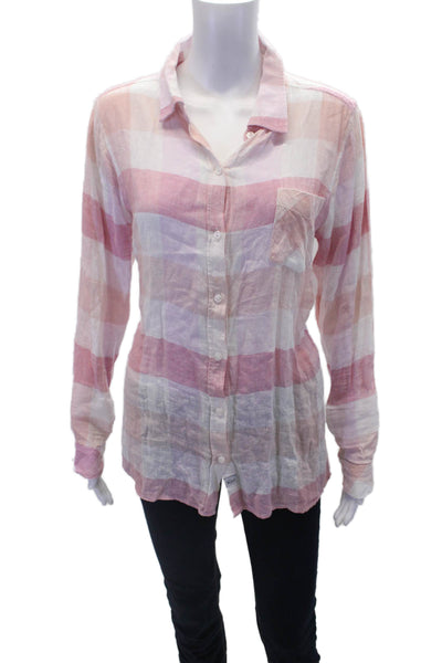 Rails Womens Button Front 3/4 Sleeve Collared Plaid Shirt Pink White Size Medium