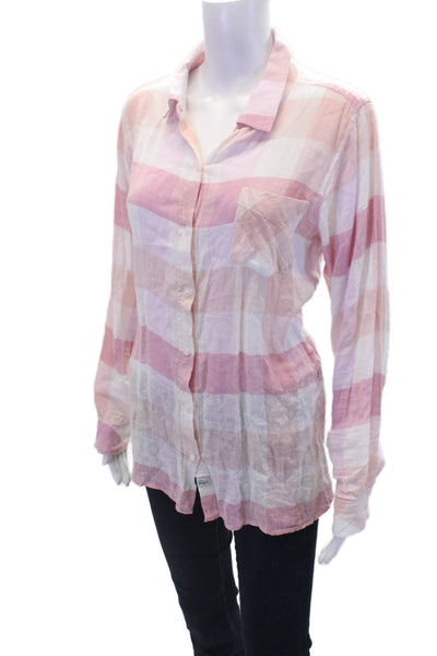 Rails Womens Button Front 3/4 Sleeve Collared Plaid Shirt Pink White Size Medium