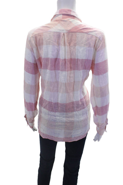 Rails Womens Button Front 3/4 Sleeve Collared Plaid Shirt Pink White Size Medium