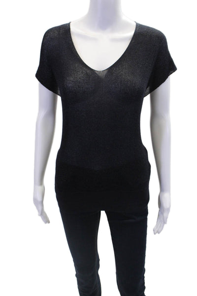 Momoni Womens Metallic V-Neck Short Sleeve Pullover Knit Top Navy Size S