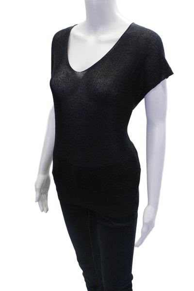 Momoni Womens Metallic V-Neck Short Sleeve Pullover Knit Top Navy Size S