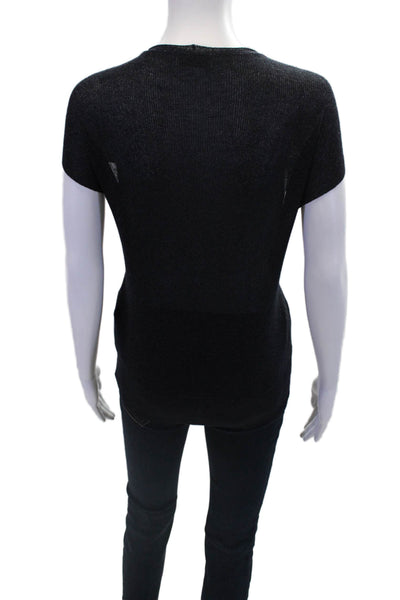 Momoni Womens Metallic V-Neck Short Sleeve Pullover Knit Top Navy Size S
