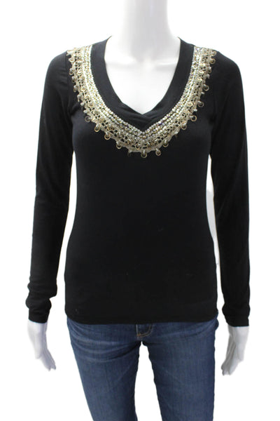 Etro Women's V-Neck Long Sleeves Bead Embellish Basic T-Shirt Black Size 42