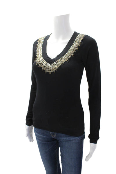 Etro Women's V-Neck Long Sleeves Bead Embellish Basic T-Shirt Black Size 42