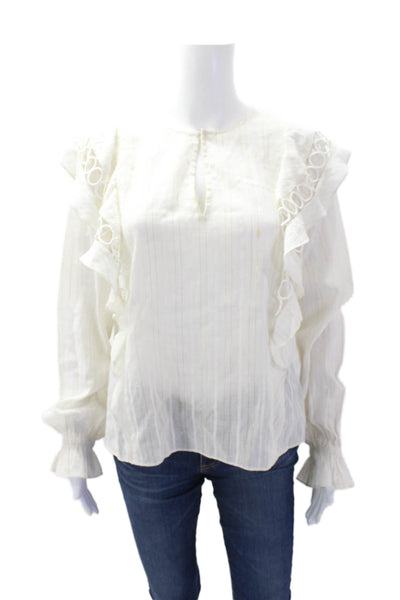 Rachel Zoe Women's Long Sleeves Ruffle Sparkle Blouse Beige Striped Sze S