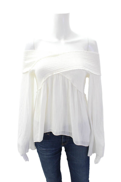 Ramy Brook Women's V-Neck Long Sleeves Smocked Blouse Cream Size XS