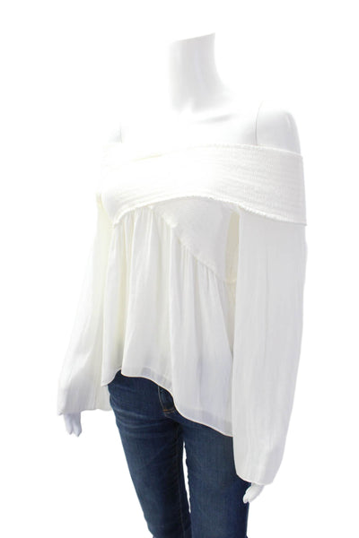 Ramy Brook Women's V-Neck Long Sleeves Smocked Blouse Cream Size XS