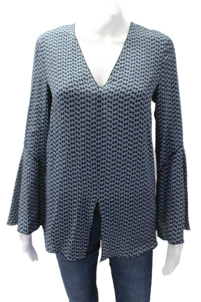 Derek Lam Women's V-Neck Long Sleeves Silk Printed Blouse Blue Black Size 0