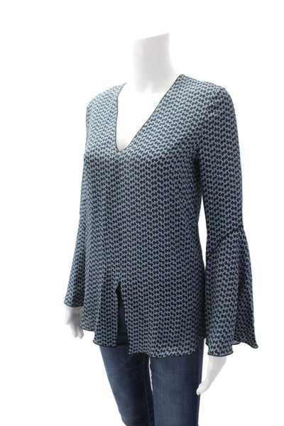 Derek Lam Women's V-Neck Long Sleeves Silk Printed Blouse Blue Black Size 0