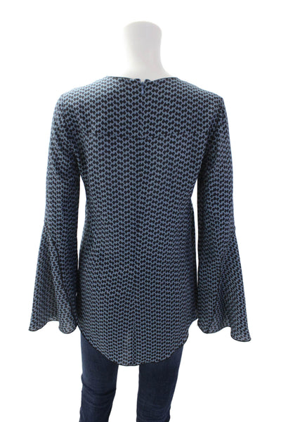 Derek Lam Women's V-Neck Long Sleeves Silk Printed Blouse Blue Black Size 0